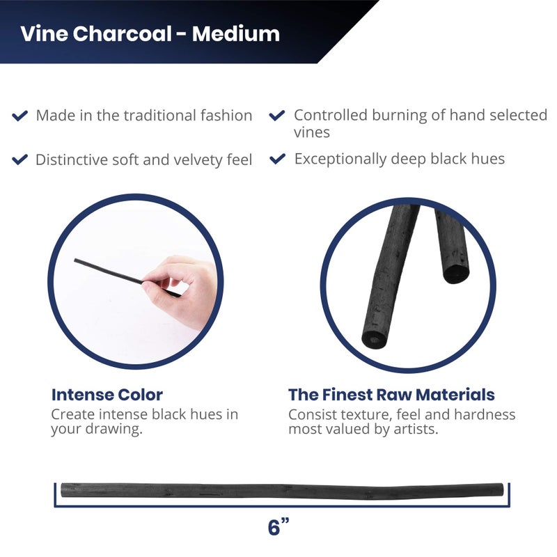 Pacific Arc Artist Vine Charcoal, Medium, Black 12 Pieces, Artist Vine Charcoal Sticks, Medium and Smooth Drawing Charcoal - Image 2